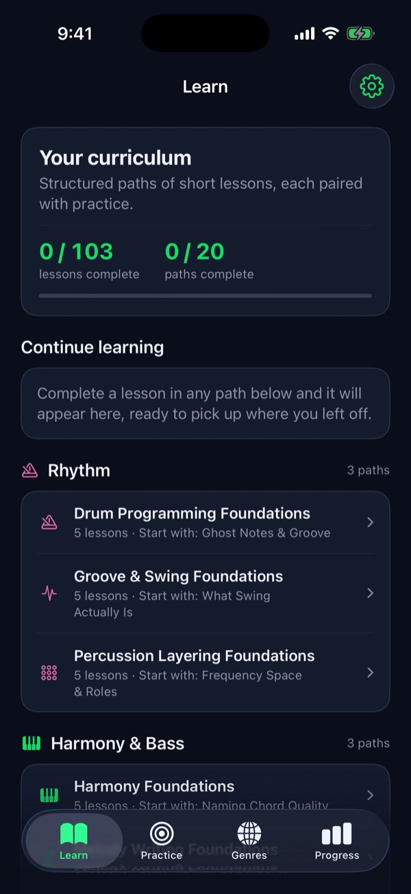 The Learn tab in Sonivault: a curriculum card showing 0 of 103 lessons and 0 of 20 paths complete, above learning paths grouped by skill, such as Drum Programming Foundations and Groove and Swing Foundations.