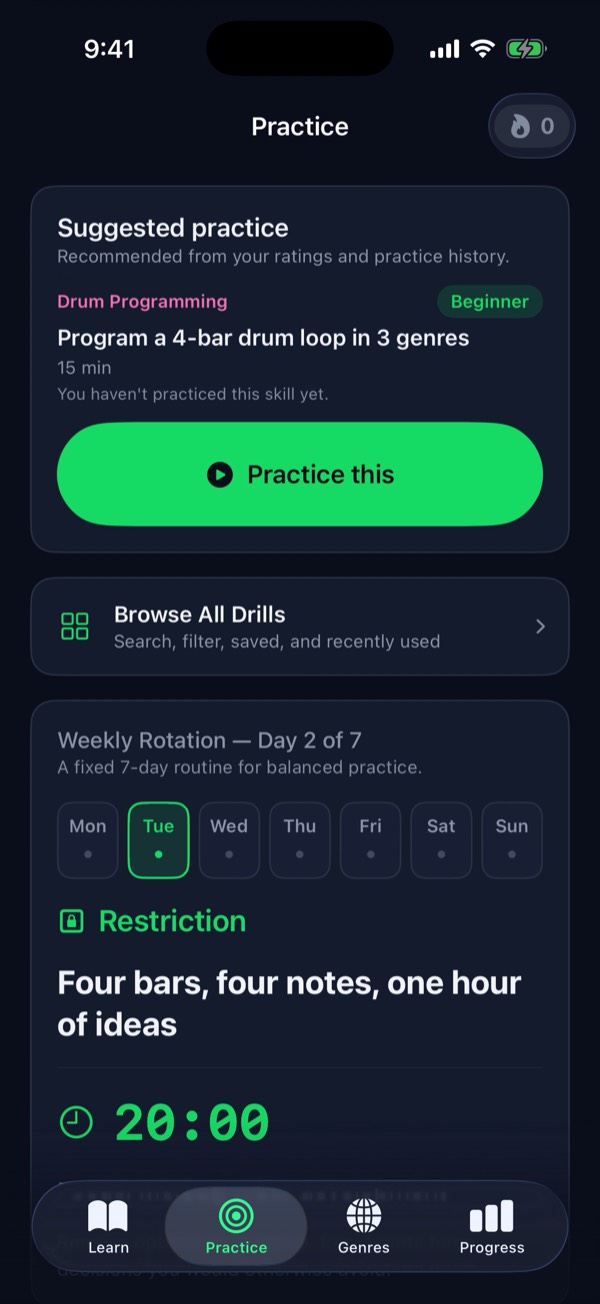 The Practice tab: a suggested drum programming exercise with a Practice this button, a Browse All Drills link, and the Weekly Rotation on day 2, Restriction, with a 20-minute timer.